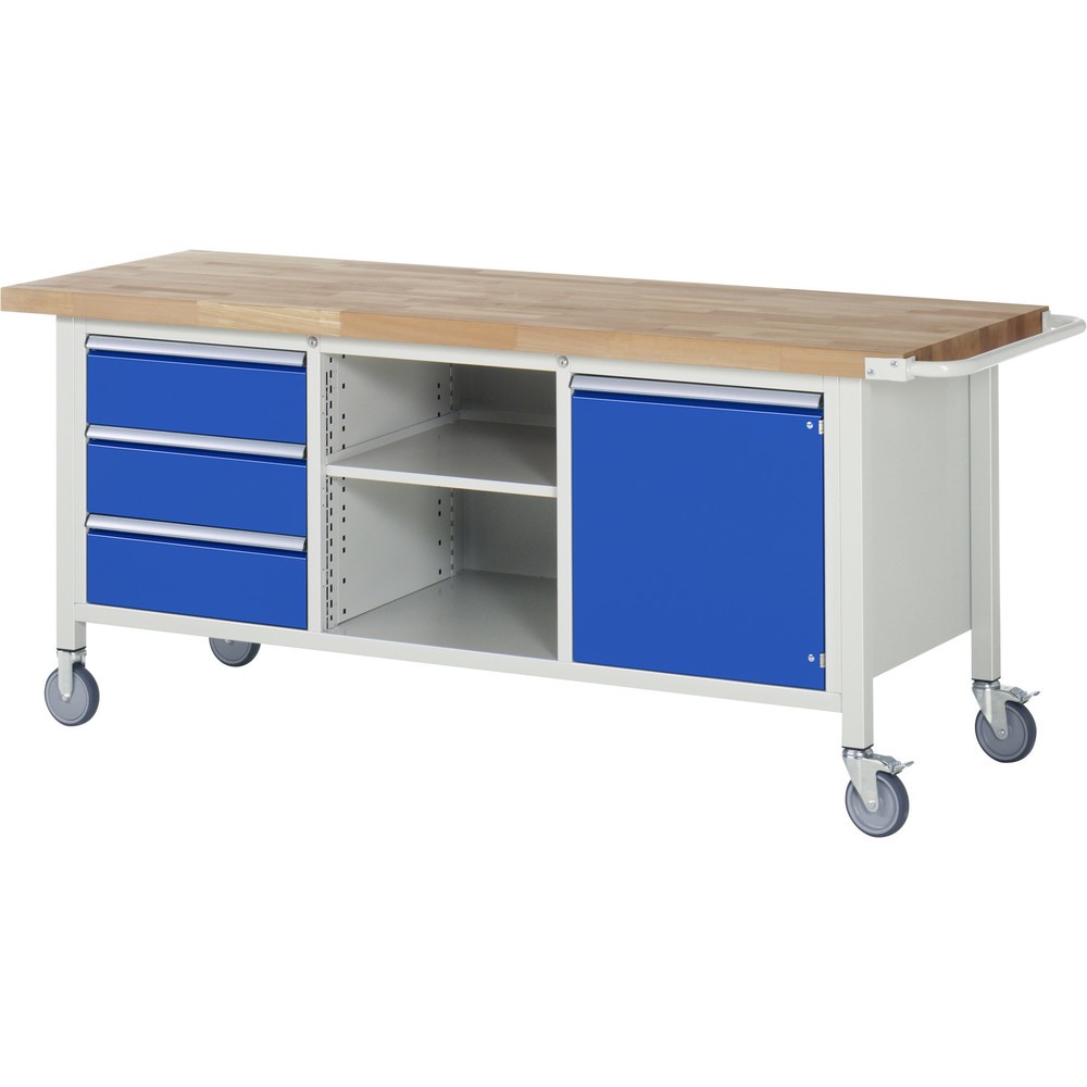 RAU mobile Werkbank Serie 8000, 1 Dreifach-Container, 1 Fachboden, 1 Flügeltür, HxBxT 880-1.080 x 2.000 x 700 mm, 3 x 100%-Auszug-Schubladen