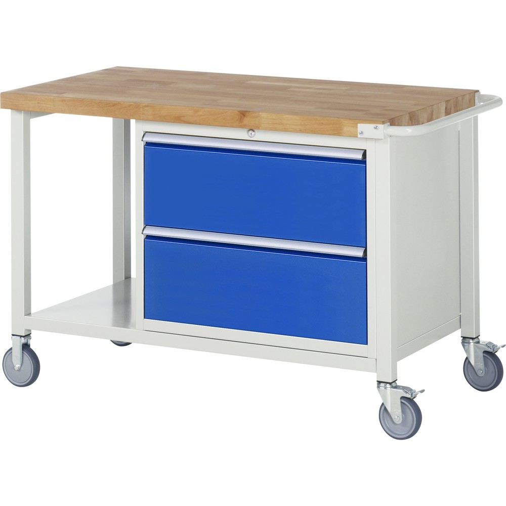 RAU mobile Werkbank Serie 8000, 1 Ablageboden, HxBxT 880 x 1.250 x 700 mm, 2 x 90%-Auszug-Schubladen