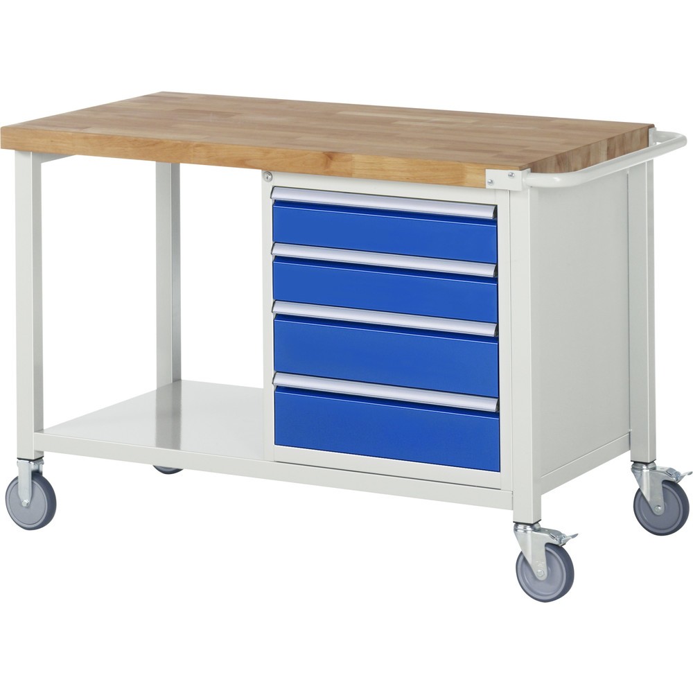 RAU mobile Werkbank Serie 8000, 1 Ablageboden, HxBxT 880 x 1.250 x 700 mm, 4 x 100%-Auszug-Schubladen, Schubladen-TK 100 kg