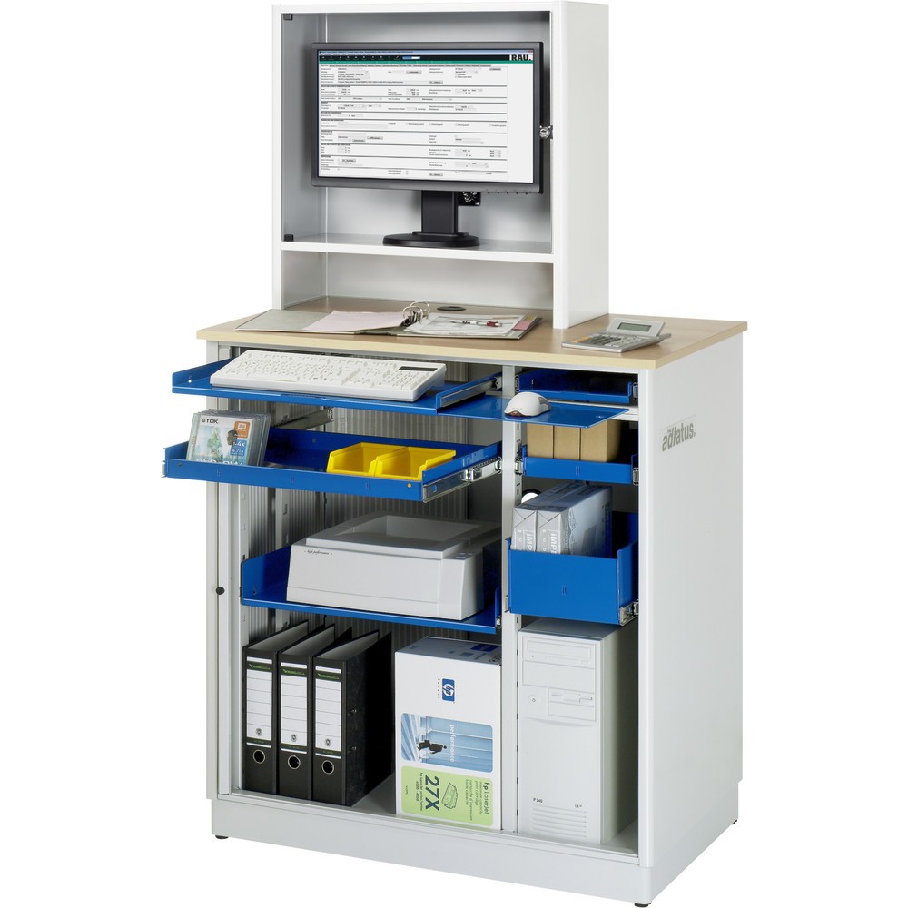 RAU Postes informatiques HxlxP 1 810 x 1 030 x 660 mm, plateau de travail décor hêtre, avec volets roulants, bloc multiprises, tiroir et casier pour écran