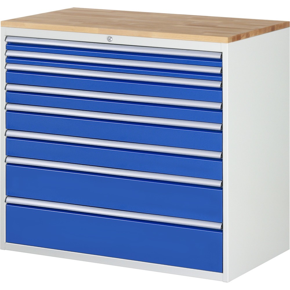 RAU Schubladenschrank Serie 7000, HxBxT 1.035 x 1.145 x 650 mm, 8 x 100%-Auszug-Schubladen 2 x 60, 2 x 90, 2 x 120, 1 x 180, 1 x 210 mm, Arbeitsplatte Buche