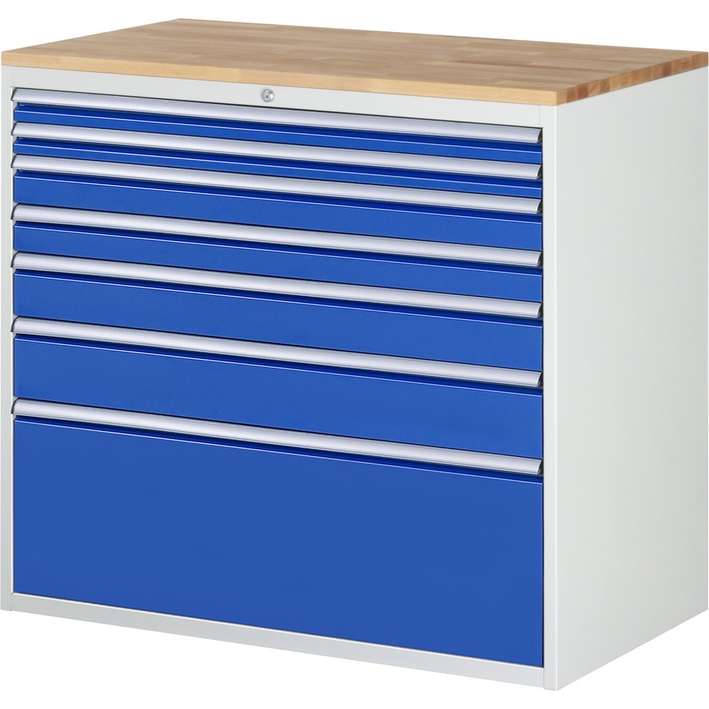 RAU Schubladenschrank Serie 7000, HxBxT 1.035 x 1.145 x 650 mm, 7 x 100%-Auszug-Schubladen 2 x 60, 2 x 90, 1 x 120, 1 x 150, 1 x 360 mm, Arbeitsplatte Buche