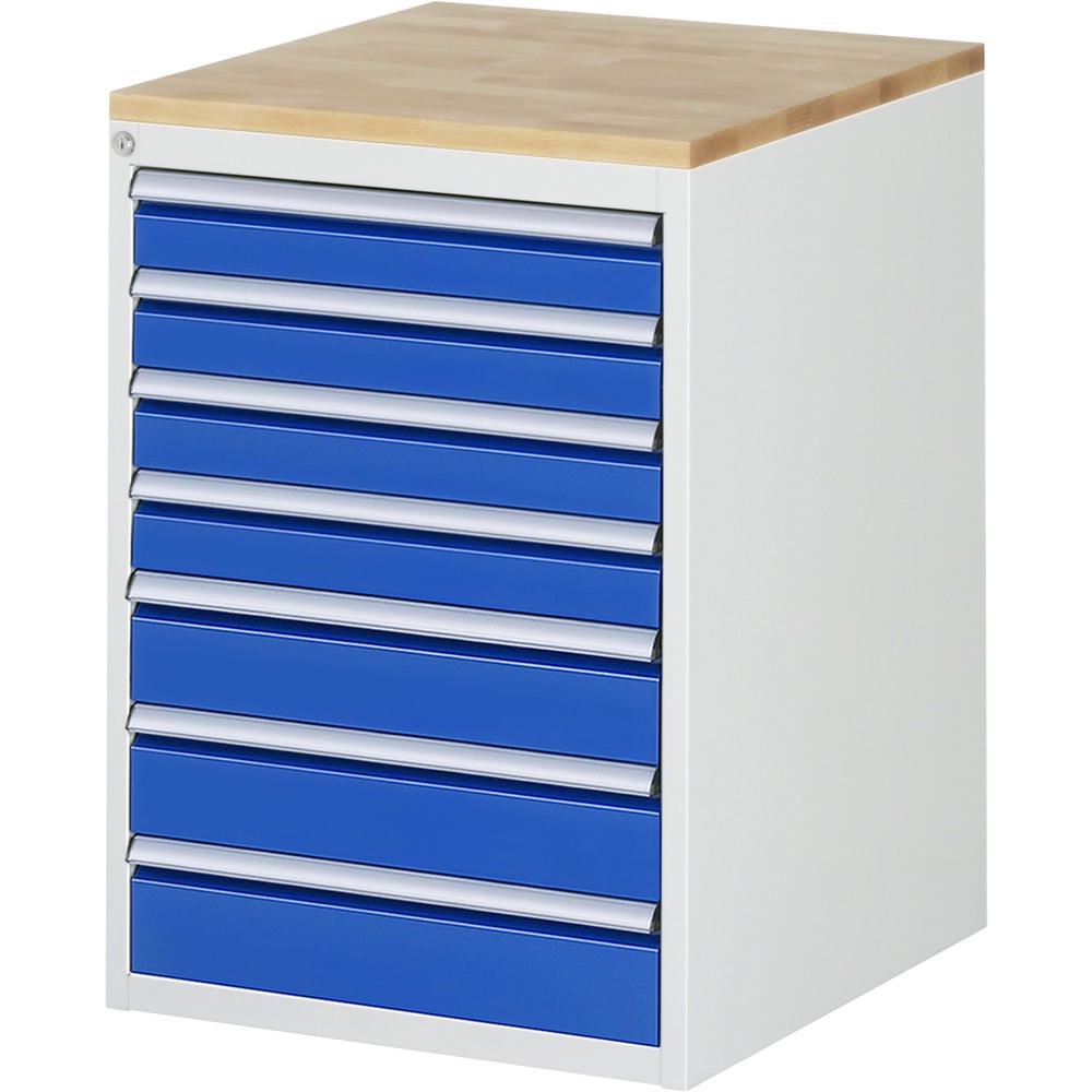 RAU Schubladenschrank Serie 7000, HxBxT 825 x 580 x 650 mm, 7 x 100%-Auszug-Schubladen 4 x 90, 3 x 120 mm, Arbeitsplatte Buche