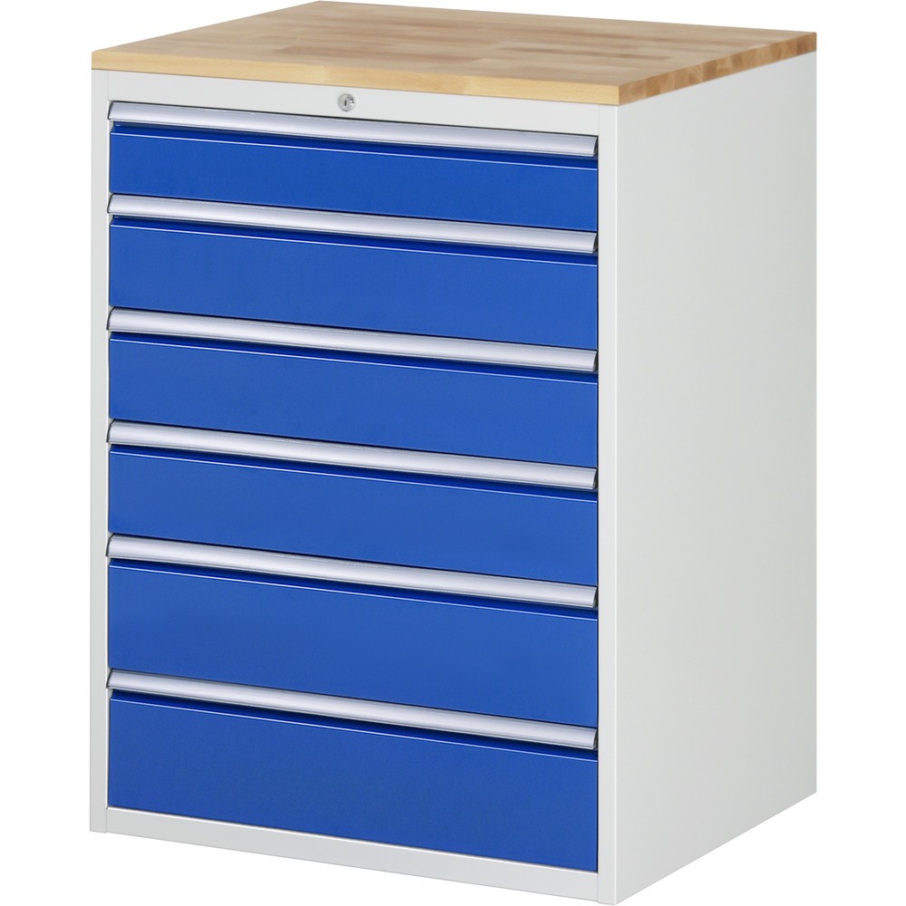 RAU Schubladenschrank Serie 7000, HxBxT 1.035 x 770 x 650 mm, 6 x 90%-Auszug-Schubladen 1 x 120, 3 x 150, 2 x 180 mm, Arbeitsplatte Buche