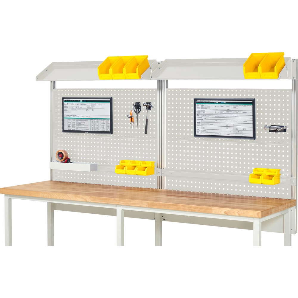 RAU System-Aufbau, HxBxT 1.130 x 2.500 x 350 mm, mit 2 neigbaren Metallablagen, 2 Halteschienen und 2 Flachbildschirmhalter, Komplettset 02 für Produktbreite 2.500 mm