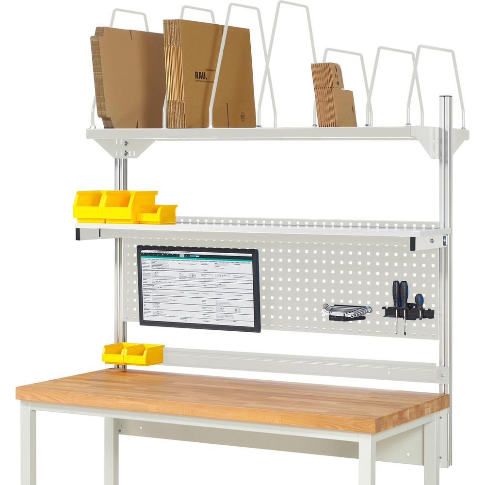 RAU System-Aufbau, HxBxT 1.130 x 1.500 x 350 mm, mit 1 Etagenboard, 1 Halteschiene und 1 Flachbildschirmhalter, Komplettset 03 für Produktbreite 2.000 mm