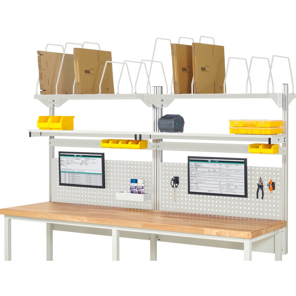 RAU System-Aufbau, HxBxT 1.130 x 2.500 x 350 mm, mit 2 Etagenboards, 2 Halteschienen und 2 Flachbildschirmhalter, Komplettset 03 für Produktbreite 2.500 mm