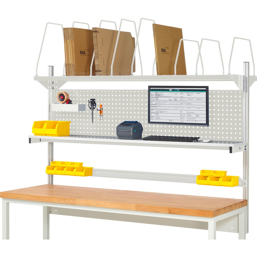 RAU System-Aufbau, HxBxT 1.130 x 2.000 x 350 mm, mit 1 Etagenboard, 1 Halteschiene und 1 Flachbildschirmhalter, Komplettset 03 für Produktbreite 1.500 mm