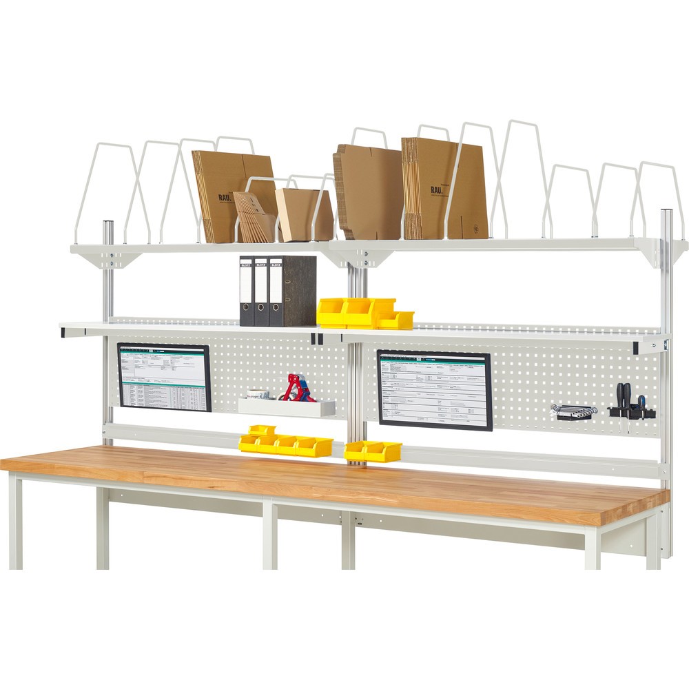 RAU System-Aufbau, HxBxT 1.130 x 3.000 x 350 mm, mit 2 Etagenboards, 2 Halteschienen und 2 Flachbildschirmhalter, Komplettset 03 für Produktbreite 3.000 mm