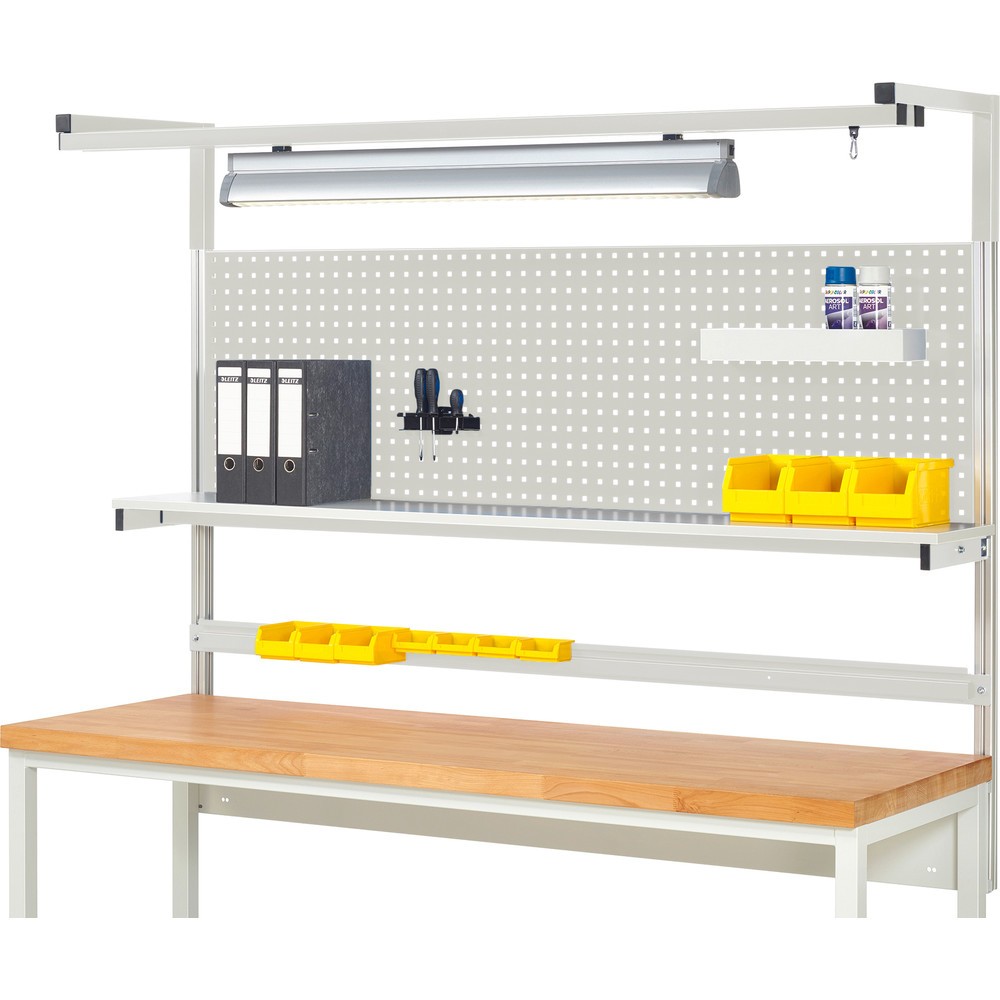 RAU System-Aufbau, HxBxT 1.380 x 2.000 x 350 mm, mit 1 Etagenboard, 1 Halteschiene, 1 Auslegerpaar und 1 Leuchte, Komplettset 04 für Produktbreite 2.000 mm