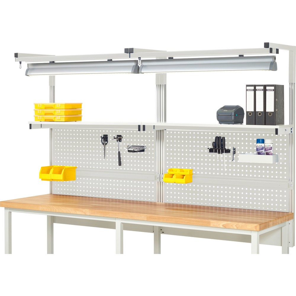 RAU System-Aufbau, HxBxT 1.380 x 2.500 x 350 mm, mit 2 Etagenboards, 2 Halteschienen, 2 Auslegerpaare und 2 Leuchten, Komplettset 04 für Produktbreite 2.500 mm