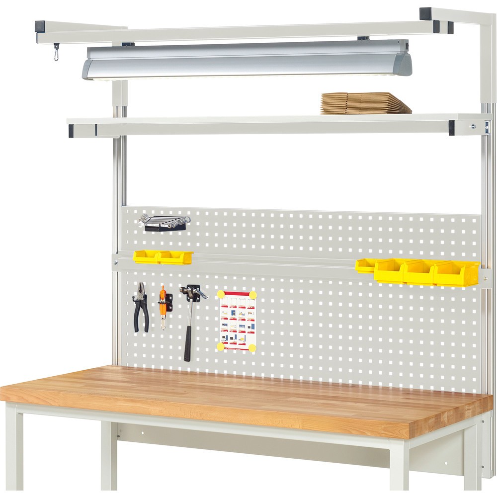 RAU System-Aufbau, HxBxT 1.380 x 1.500 x 350 mm, mit 1 Etagenboard, 1 Halteschiene, 1 Auslegerpaar und 1 Leuchte, Komplettset 04 für Produktbreite 1.500 mm