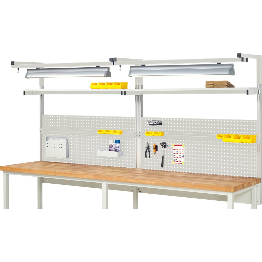 RAU System-Aufbau, HxBxT 1.380 x 3.000 x 350 mm, mit 2 Etagenboards, 2 Halteschienen, 2 Auslegerpaare und 2 Leuchten, Komplettset 04 für Produktbreite 3.000 mm