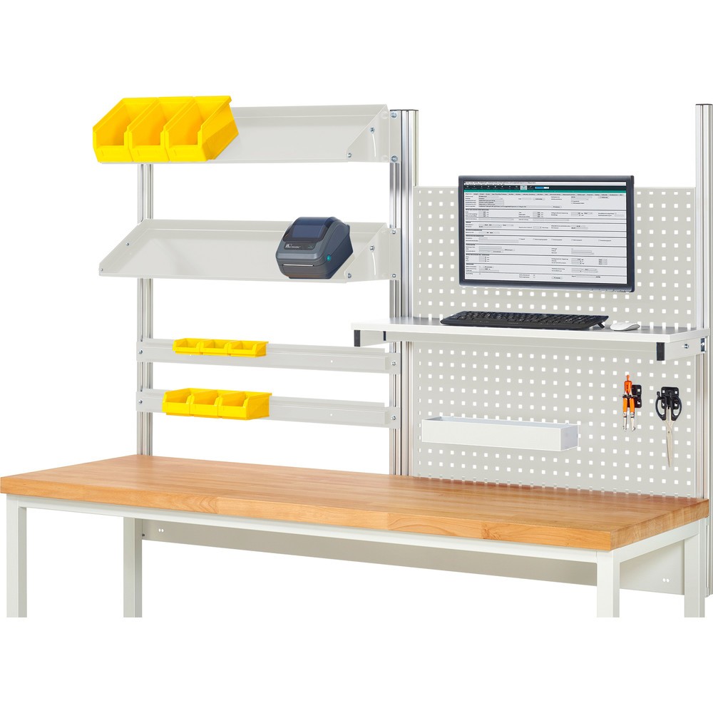 RAU System-Aufbau, HxBxT 1.130 x 2.000 x 350 mm, mit 1 Etagenboard, 2 Halteschienen, 2 neigbare Metallablagen und 1 Flachbildschirmhalter, Komplettset 05 für Produktbreite 2.000 mm