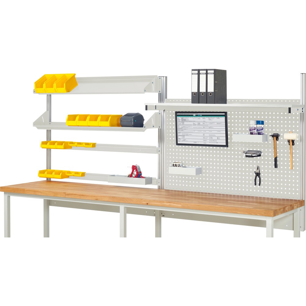 RAU System-Aufbau, HxBxT 1.130 x 3.000 x 3.000 mm, mit 1 Etagenboard, 2 Halteschienen, 2 neigbare Metallablagen und 1 Flachbildschirmhalter, Komplettset 05 für Produktbreite 3.000 mm