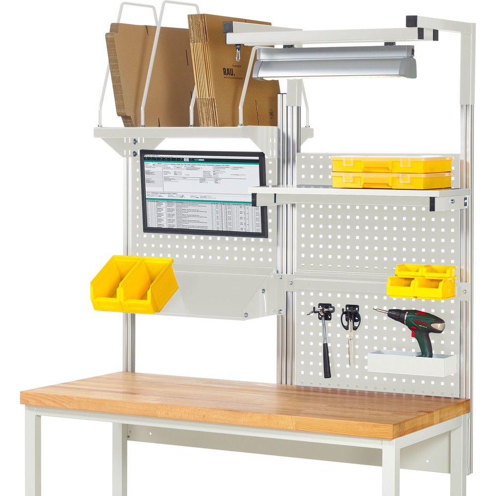 RAU System-Aufbau, HxBxT 1.380 x 1.500 x 1.500 mm, mit 1 Etagenboard, 1 Halteschiene, 1 neigbare Metallablage, 1 Flachbildschirmhalter und 1 Leuchte, Komplettset 06 für Produktbreite 1.500 mm