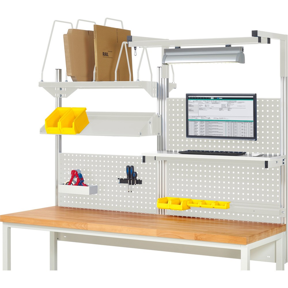 RAU System-Aufbau, HxBxT 1.380 x 2.000 x 2.000 mm, mit 1 Etagenboard, 1 Halteschiene, 1 neigbare Metallablage, 1 Flachbildschirmhalter und 1 Leuchte, Komplettset 06 für Produktbreite 2.000 mm