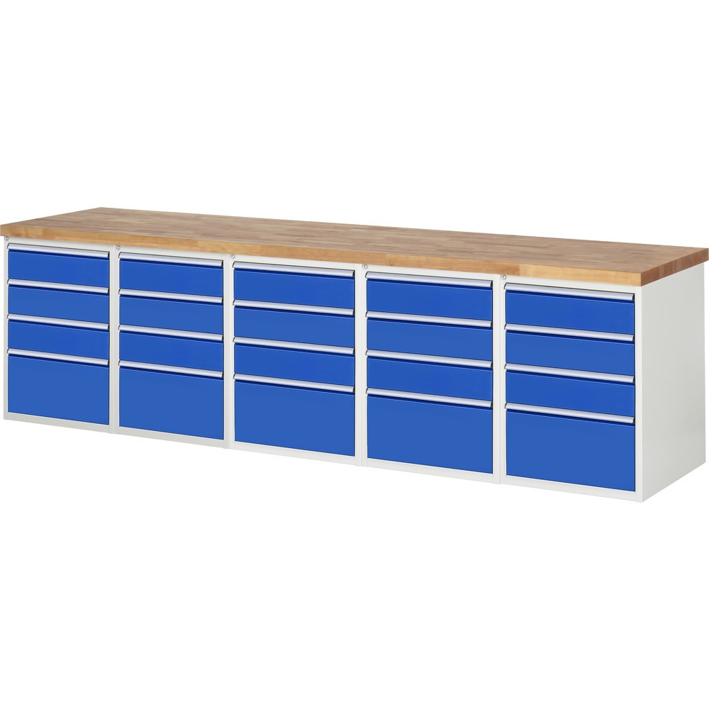 RAU Werkbank Serie 7000, 5 Container, HxBxT 890 x 3.000 x 700 mm, 20 x 90%-Auszug-Schubladen