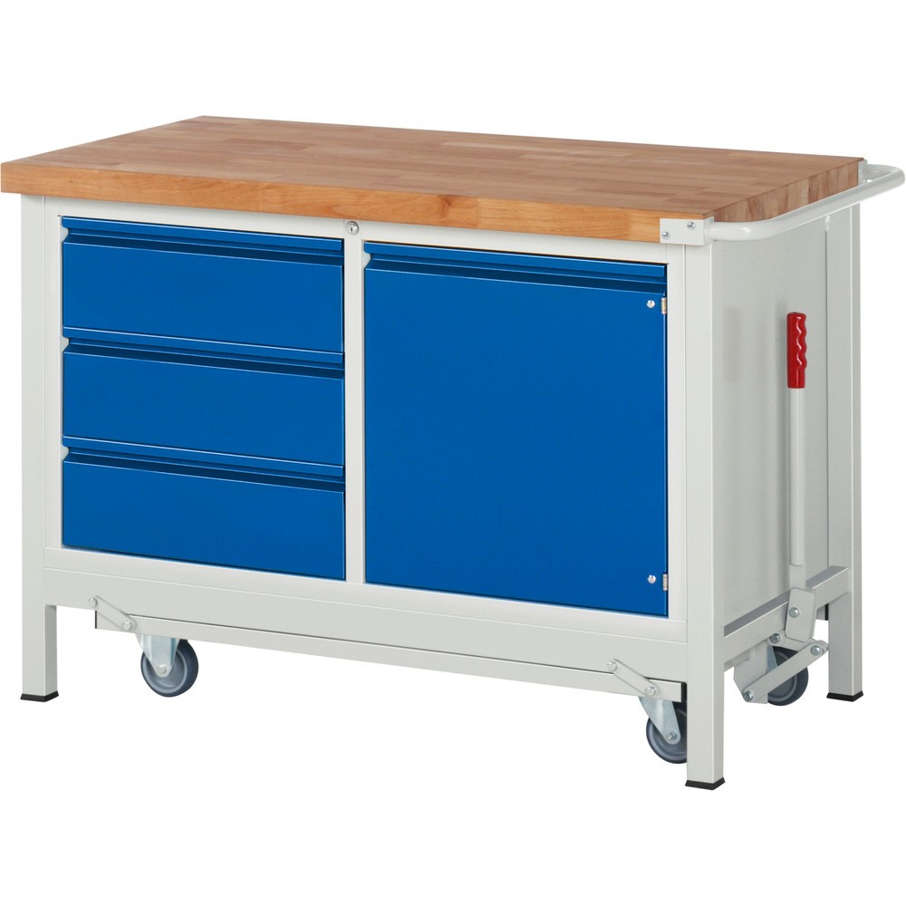 RAU Werkbank Serie 8000 mit absenkbarem Fahrgestell, 1 Doppel-Container, HxBxT 880 x 1.250 x 700 mm, 1 Flügeltür, 3 x 90%-Auszug-Schubladen, integrierte Griffleiste