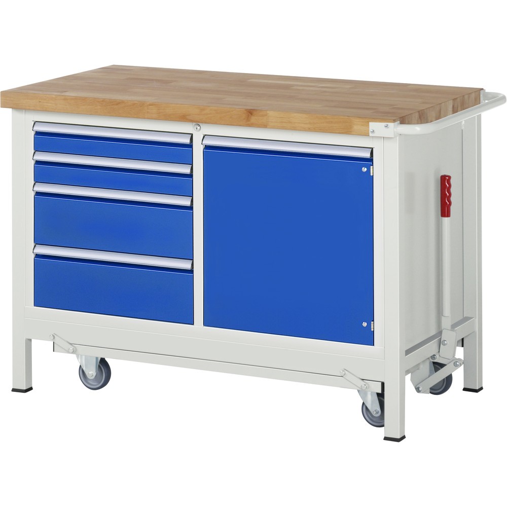 RAU Werkbank Serie 8000 mit absenkbarem Fahrgestell, 1 Doppel-Container, HxBxT 880 x 1.250 x 700 mm, 4 x 100%-Auszug-Schubladen, 1 Flügeltür, 1 Fachboden