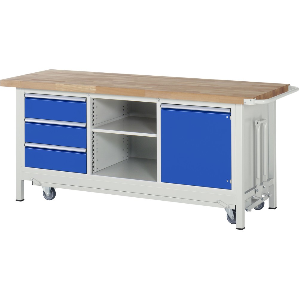 RAU Werkbank Serie 8000 mit absenkbarem Fahrgestell, 1 Dreifach-Container, HxBxT 880 x 2.000 x 700 mm, 1 Flügeltür, 1 Fachboden, 3 x 90%-Auszug-Schubladen, ErgoScript