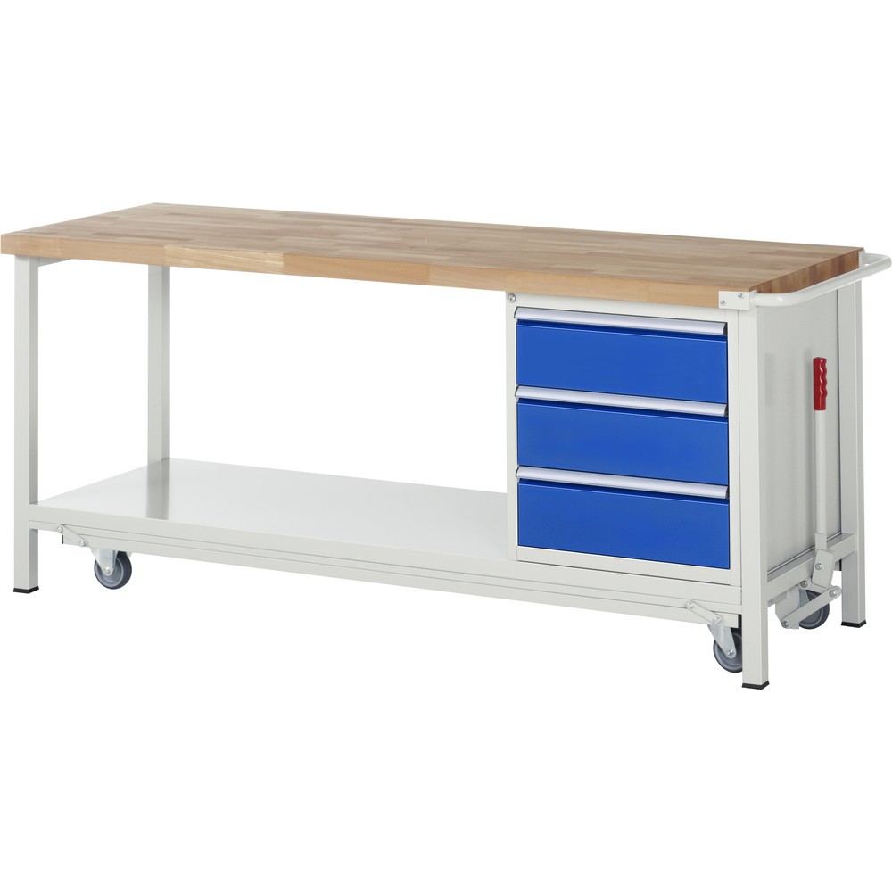 RAU Werkbank Serie 8000 mit absenkbarem Fahrgestell, 1 Container, 1 Ablageboden, HxBxT 880 x 2.000 x 700 mm, 3 x 100%-Auszug-Schubladen, Breite 490 mm, ErgoScript