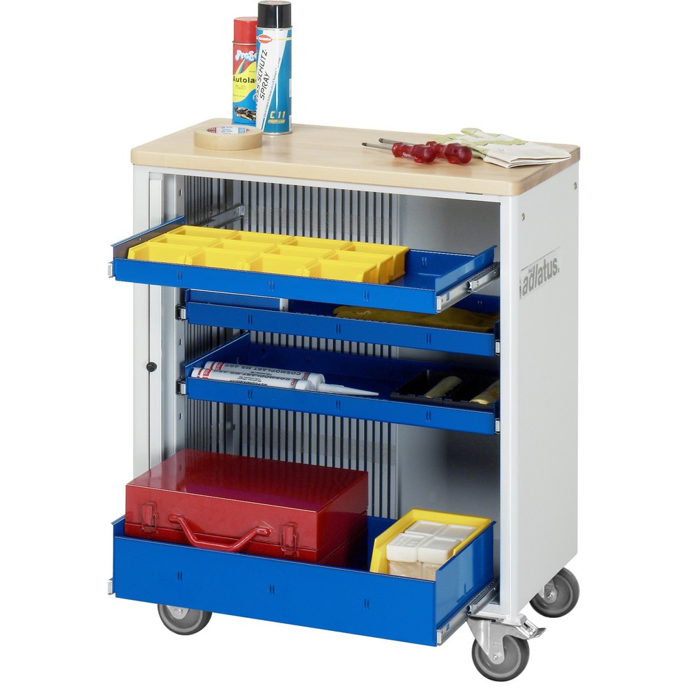 RAU Werkzeugwagen Serie adlatus 700, HxBxT 860 x 725 x 400 mm, 4 Schubladen ohne Einzelsicherung, 3 x 40, 1 x 105 mm, Arbeitsplatte Buche