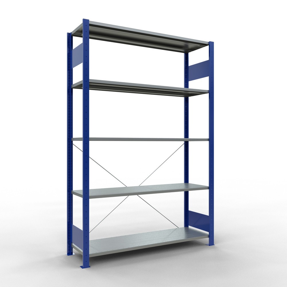 Rayonnage à tablettes SCHULTE, système enfichable, module de base, CT 150 kg, bleu gentiane/galvanisé, H x l x P 2 000 x 1 300 x 400 mm