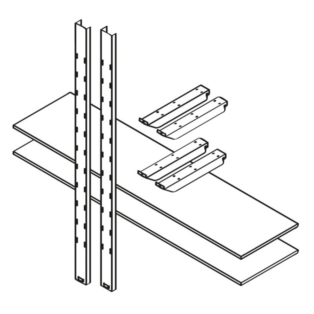 Rayonnage de stockage 2 000 - 2 niveaux, pour conteneurs de matériel XL + XXL, 2 niveaux, 2 colonnes de rayonnage, 4 bras cantilever, 2 tablettes en bois 2 000 x 500 mm