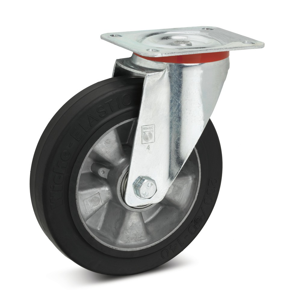 Roue directrice Wicke en caoutchouc plein élastique, jante en aluminium, Ø x l 125 x 40 mm, trou de vis de 9 mm de diamètre, capacité de charge 200 kg