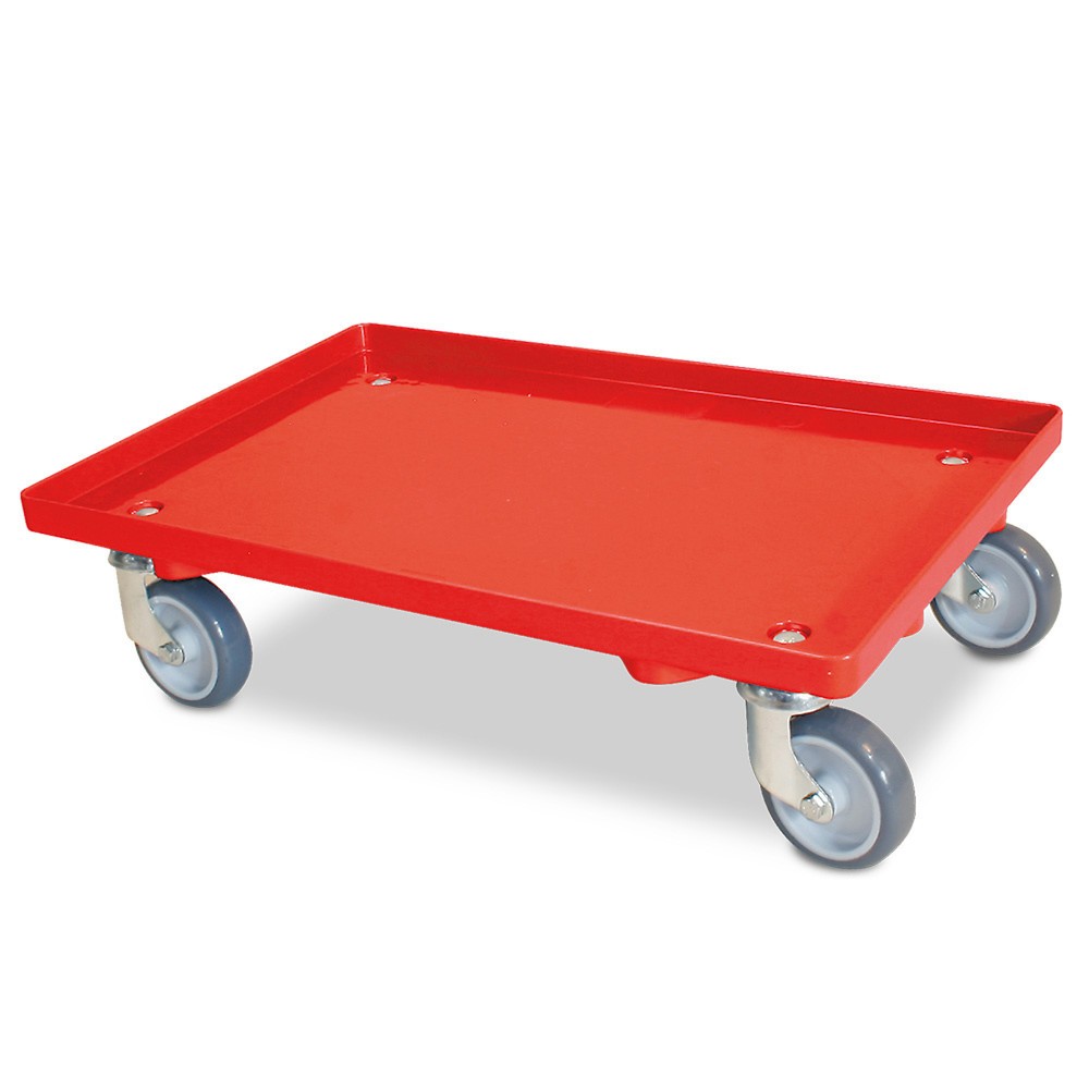 Rouleur de transport pour bacs Euro 600 x 400 mm, plateau fermé, capacité de charge 250 kg, rouge