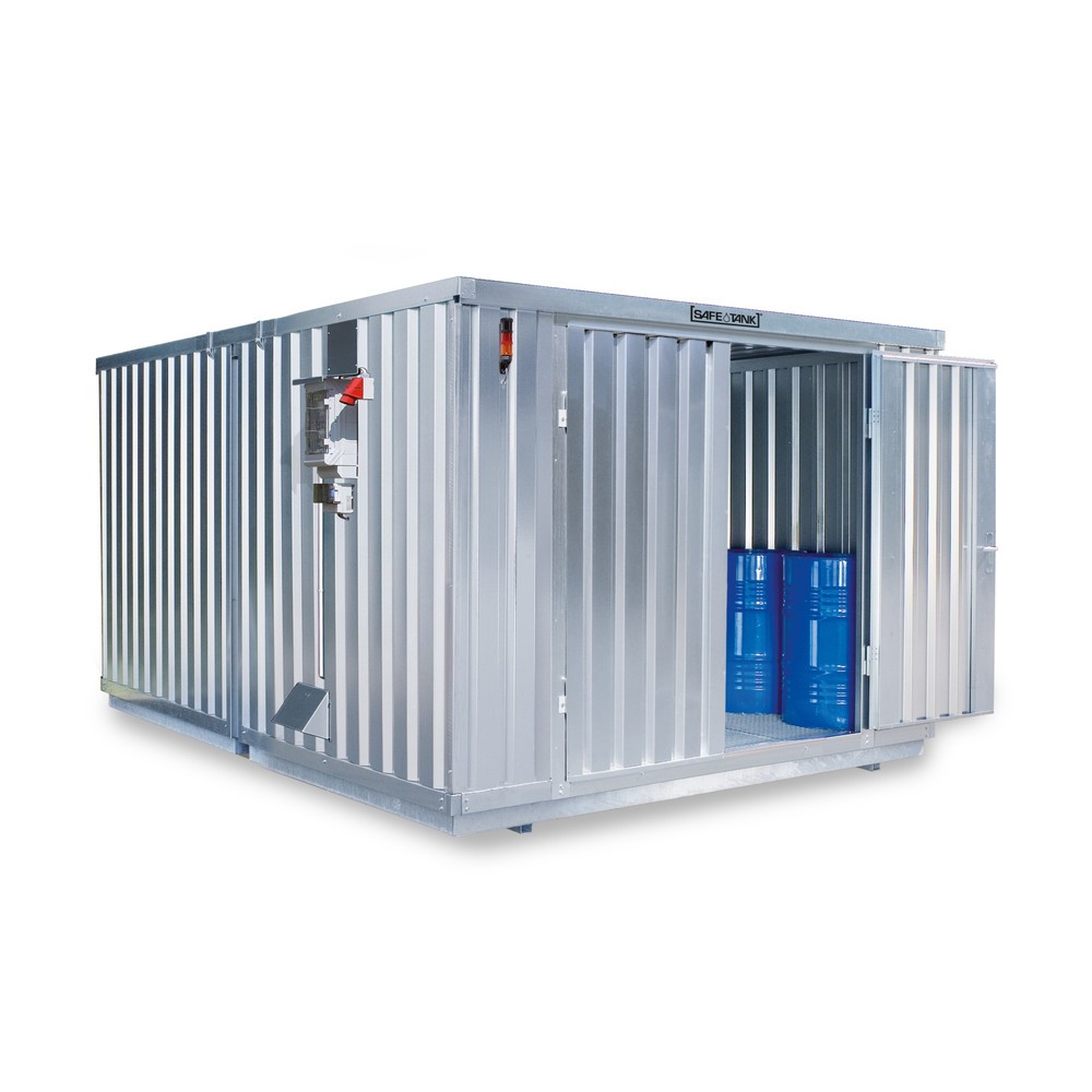 SAFE Tank Gefahrstoffcontainer 2000 CONTROL, automatisierte Explosionsschutzeinrichtung für höchste Energieeffizienz u. Sicherheit, Maße außen 3350x4340x2310 mm, Doppelflügeltür (asymmetrische Teilung), mittig im Modul, Lagerfläche 12 m²