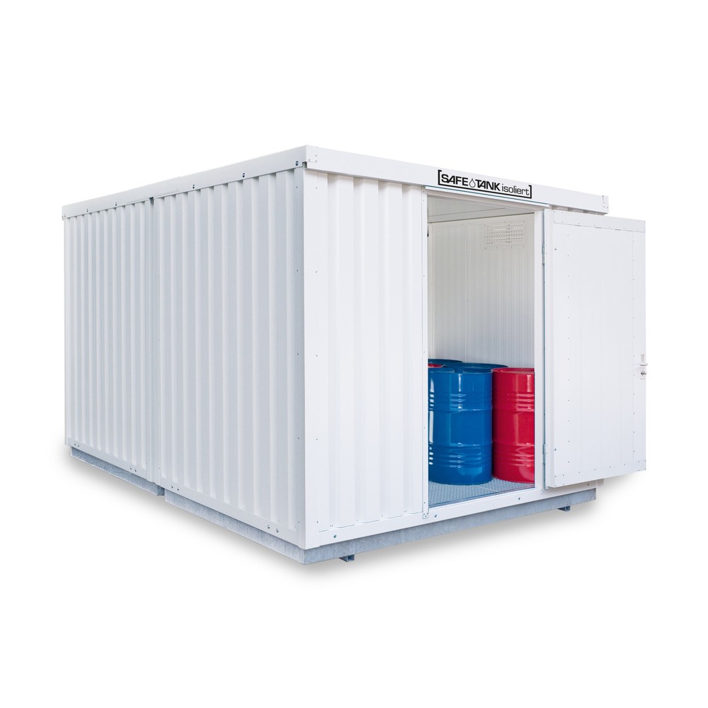 SAFE Tank Gefahrstoffcontainer Kombination 2000 WGK 1-3, isoliert, vormontiert, kunststoffbeschichtet RAL 9002, Maße außen 3050x4340x2560 mm, Einzelflügeltür, mittig im Modul, Lagerfläche 12 m²