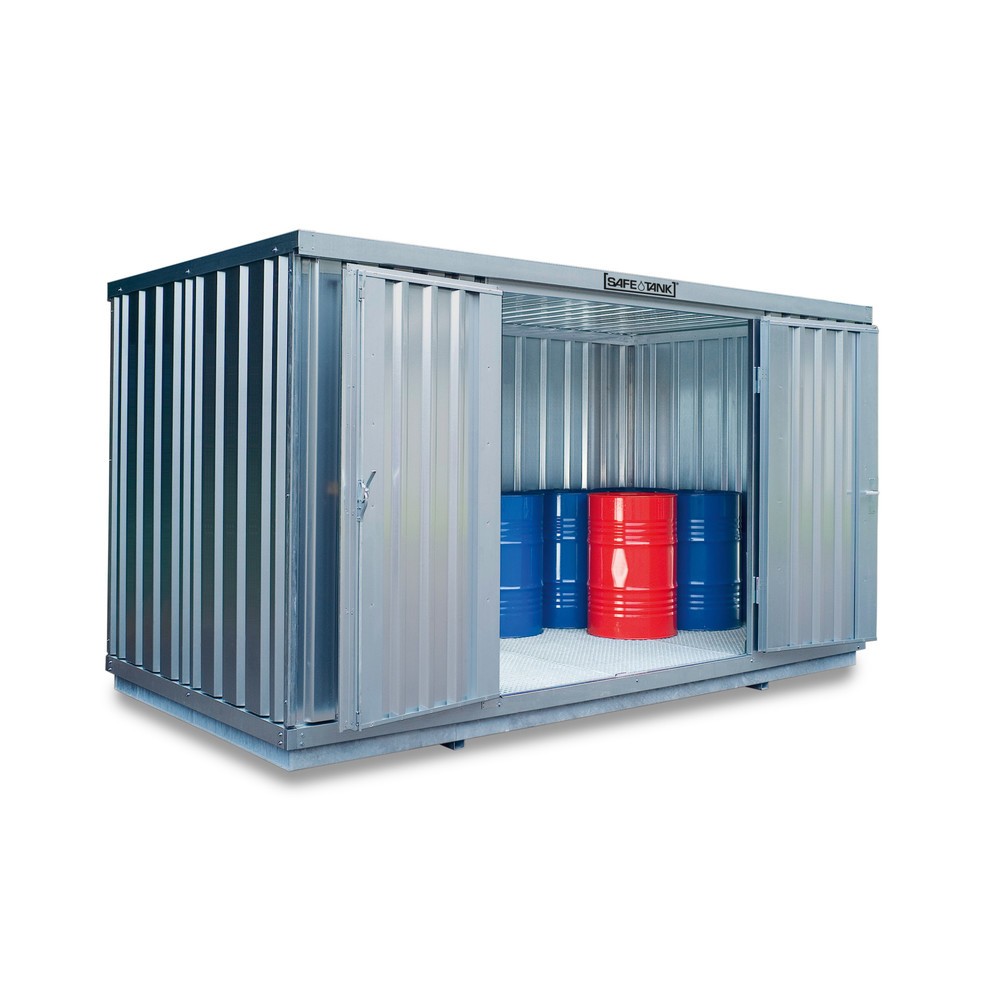 SAFE Tank Gefahrstoffcontainer 300 WGK, verzinkt, montiert, Innen- und Außenaufstellung, Maße außen 2100x1140x2300 mm, Doppelflügeltür (asymmetrische Teilung), mittig in Breitseite, Lagerfläche 2 m²