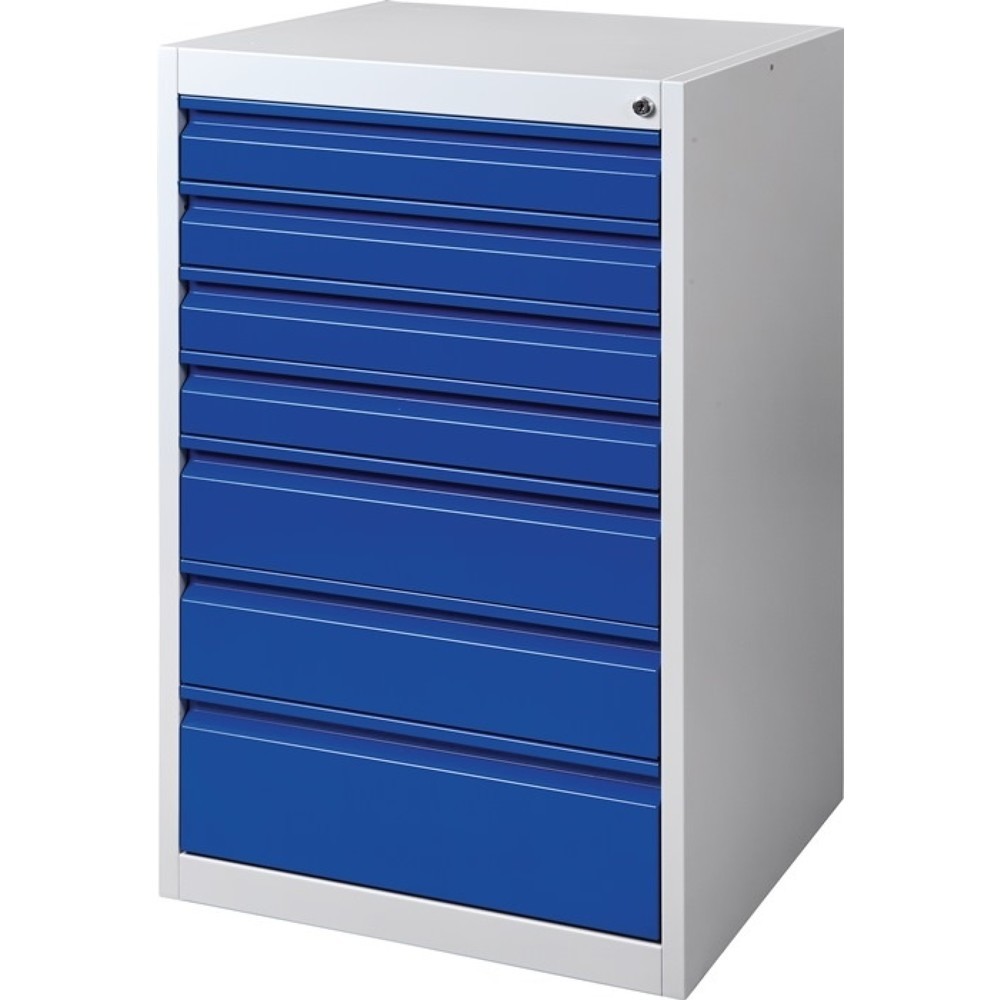 Schubladenschrank BK 600, grau/blau 7 Schubl., H1000xB600xT600mm, Einfachauszug