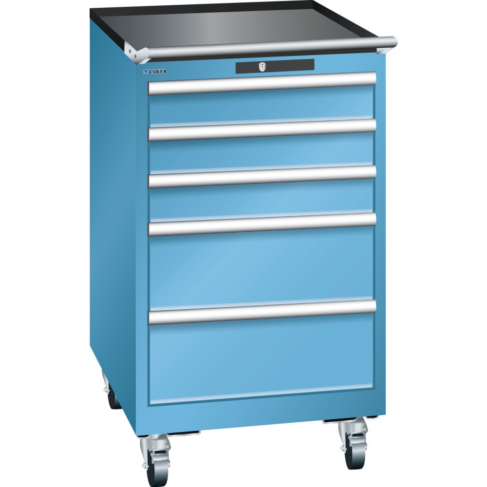 Servante d'atelier LISTA 27 x 36E, (lxPxH) 564x725x990 mm, 5 tiroirs, 3 x 100 / 2 x 200, bleu clair, KEY Lock