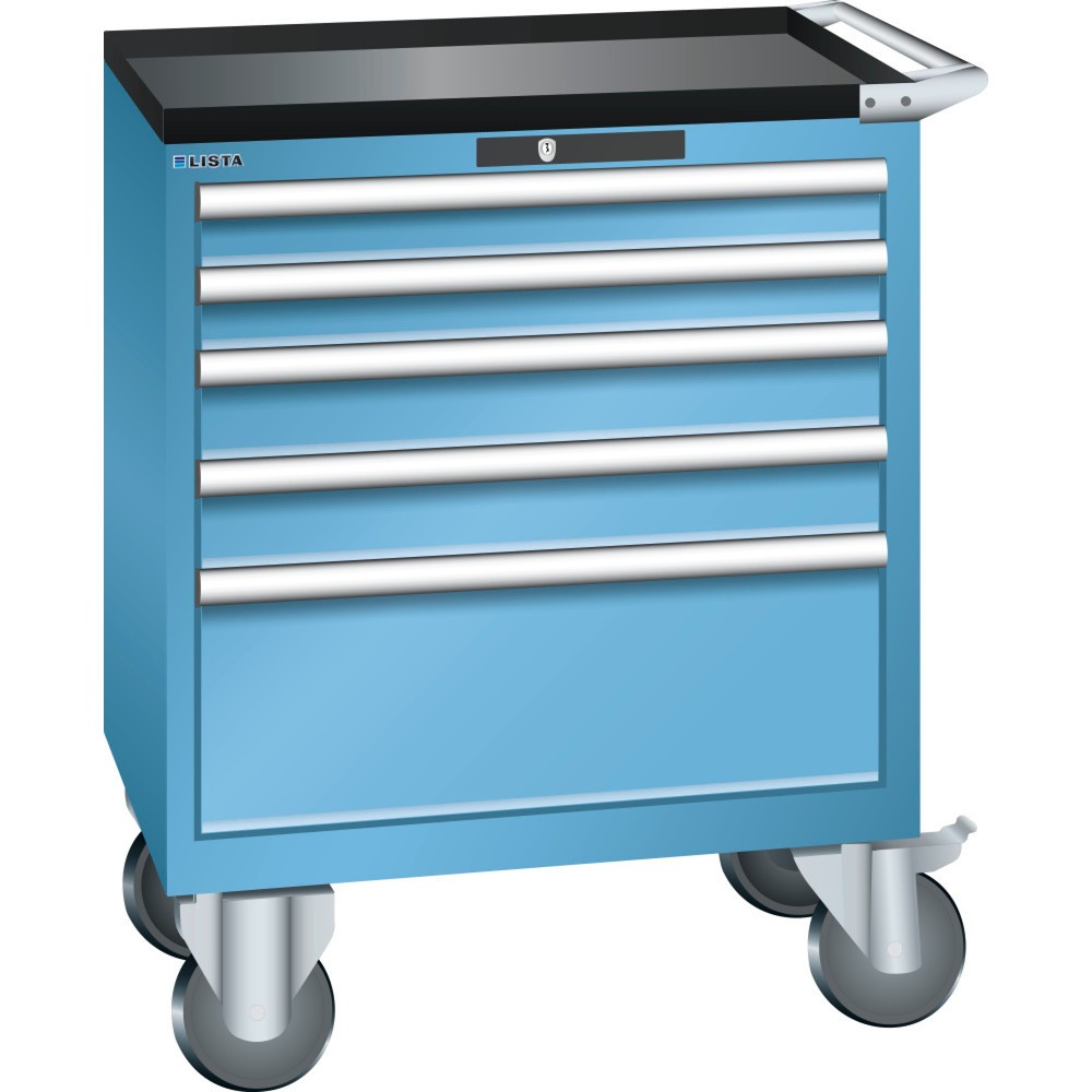 Servante d'atelier LISTA 36x27E, (lxPxH) 717x572x962 mm, 5 tiroirs, 2 x 75 / 2 x 100 / 1 x 250, bleu clair, KEY Lock