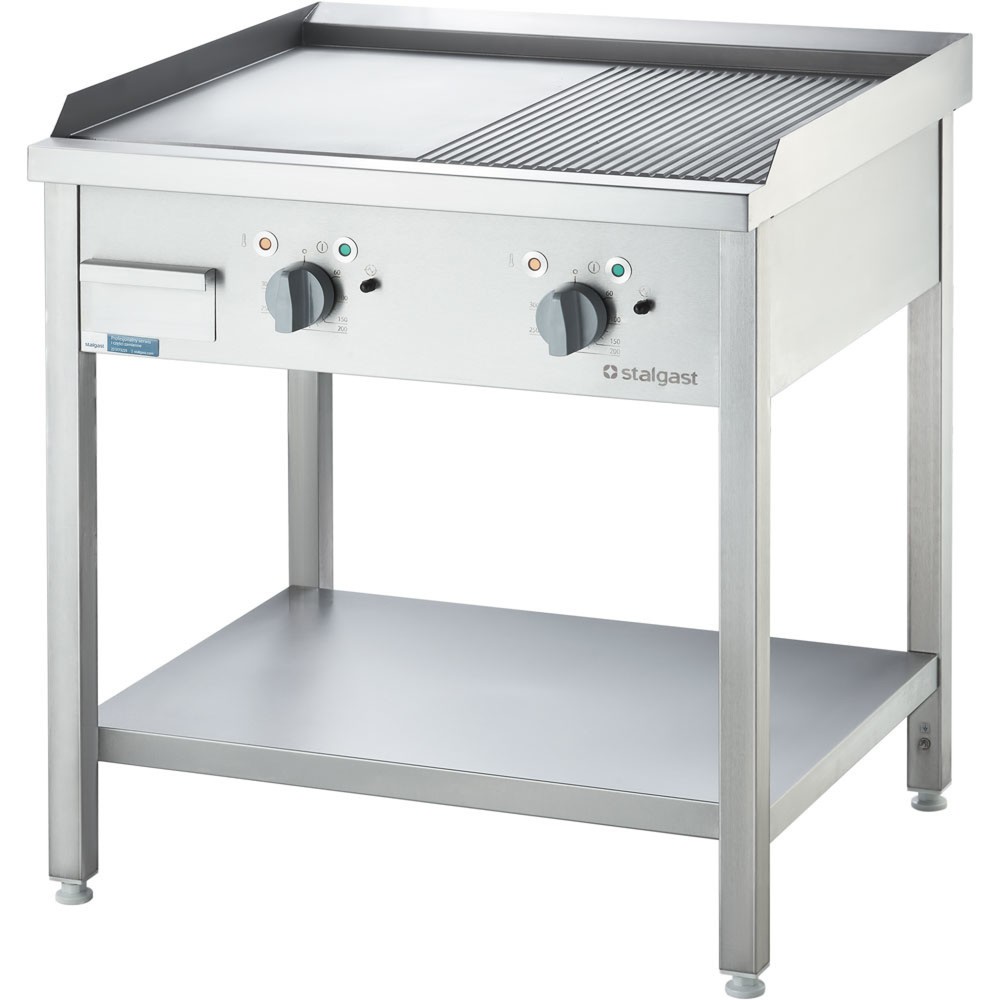 Stalgast Elektro-Griddleplatte als Standgerät - ½ glatt / ½ gerillt, Unterbau offen, 800 x 700 x 850 mm (BxTxH)