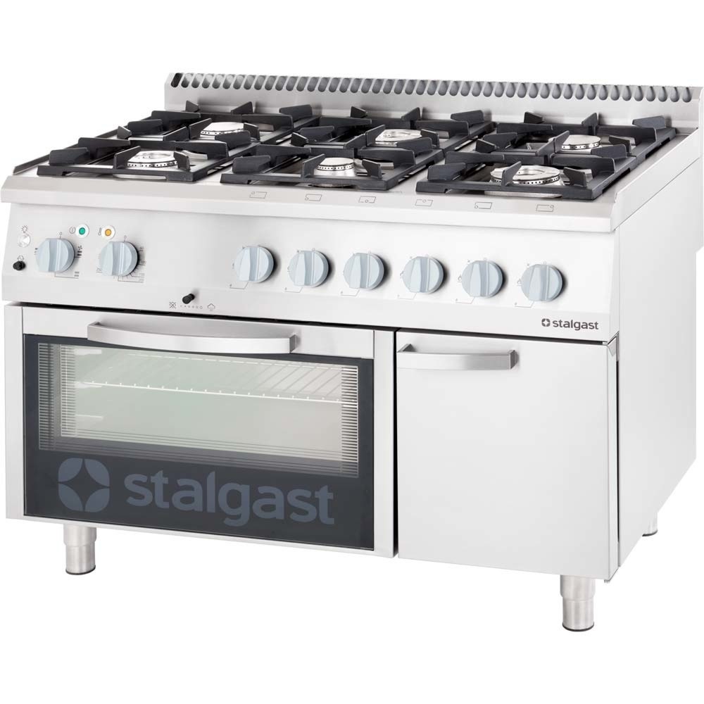 Stalgast Gasherd mit 6 Brennern (3,5+2x5+2x7+9), Elektro-Backofen GN2/1 und Unterschrank, Serie 700 ND