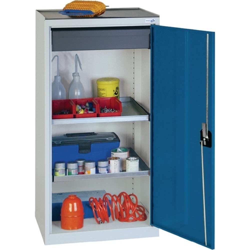 Armoire à outils / armoire d'appoint stumpf®, 1 tiroir, 2 tablettes, H 1 000 x L 500 x P 500 mm, gris clair, RAL 7035 / bleu gentiane, RAL 5010