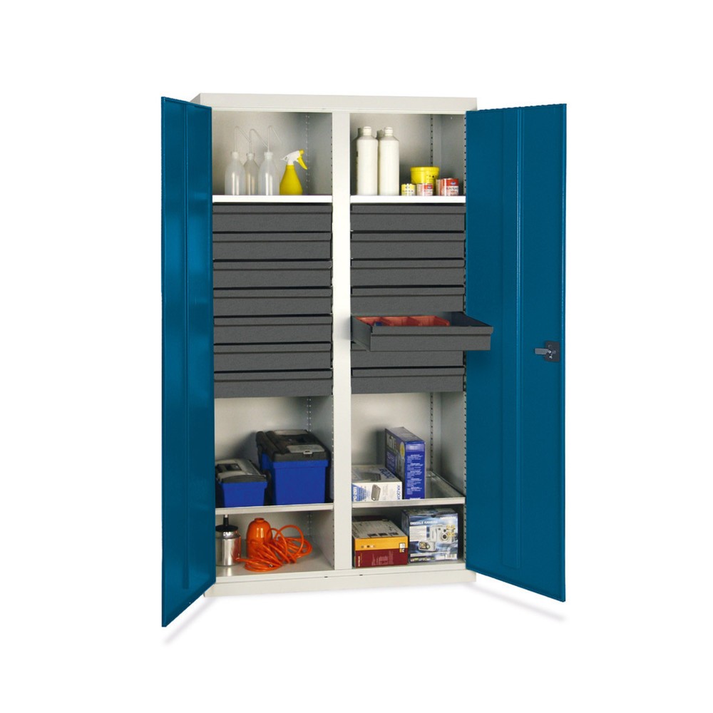 stumpf® Werkstatt-Flügeltürschrank mit 14 Schubladen + 4 Wannen + Trennwand, HxBxT 1.800 x 1.000 x 500 mm, lichtgrau/enzianblau