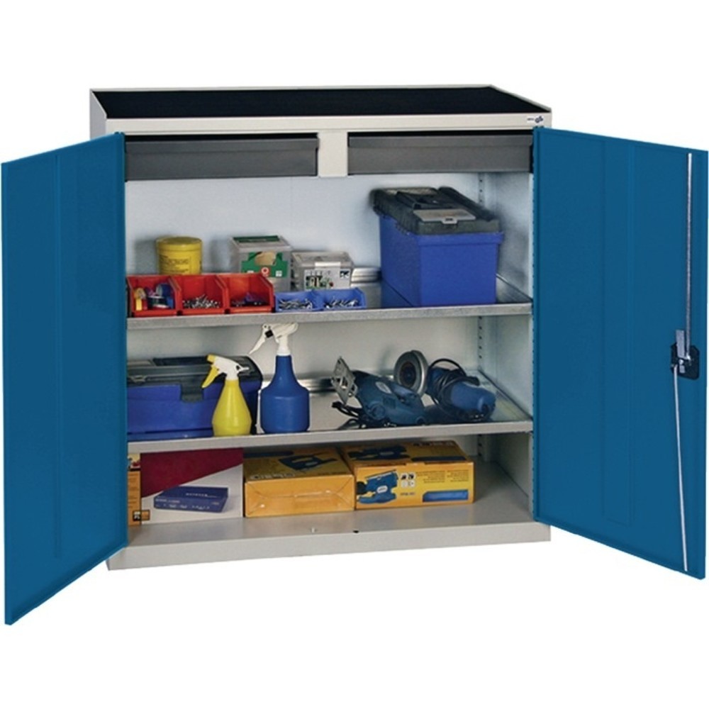 stumpf® Werkzeug-/Beistellschrank, 2 Schubladen, 2 Böden, H1000xB1000xT500 mm, lichtgrau, RAL 7035/enzianblau, RAL 5010