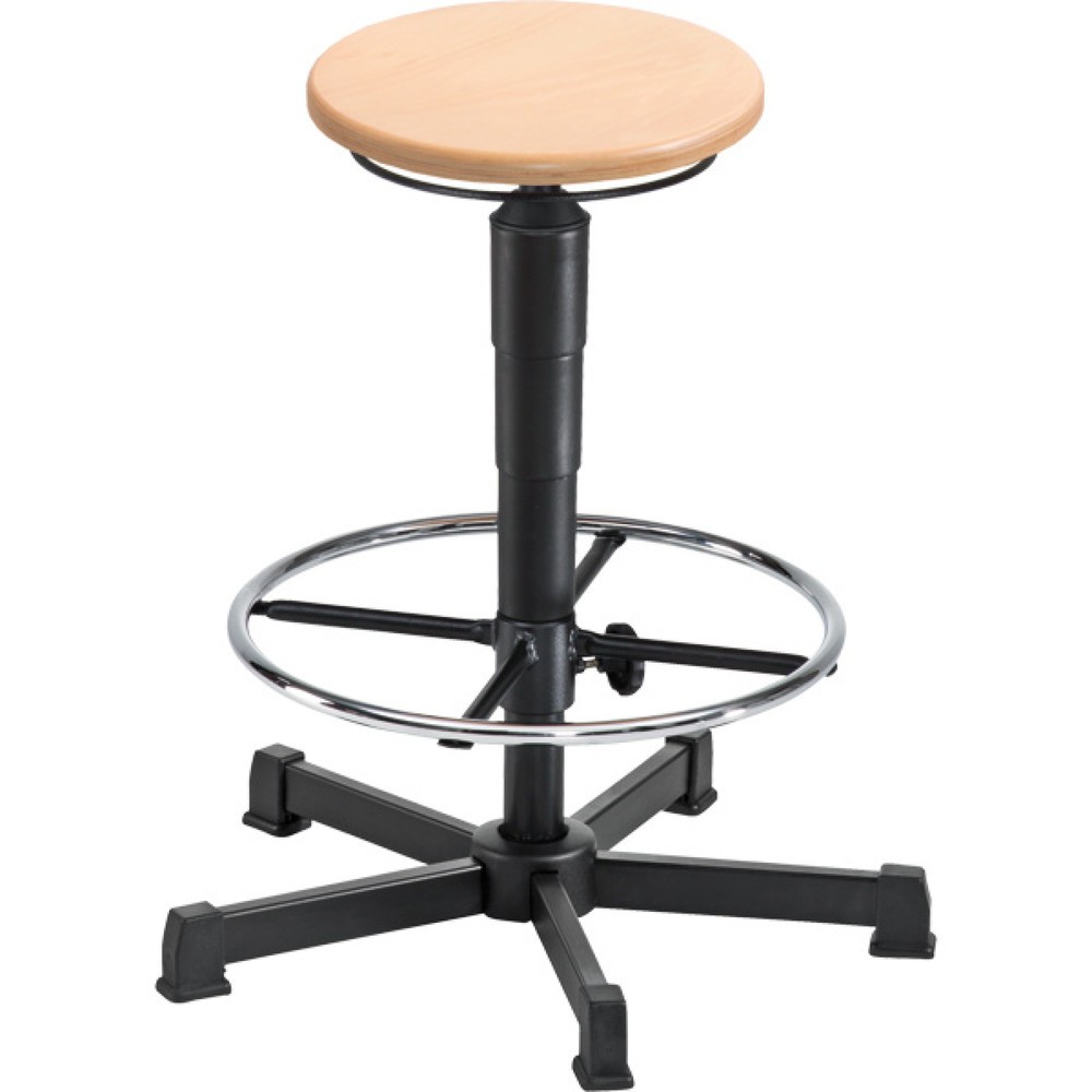 Tabouret Allround, assise en hêtre, hauteur d’assise 525-775 mm, base acier, patins, anneau repose-pied