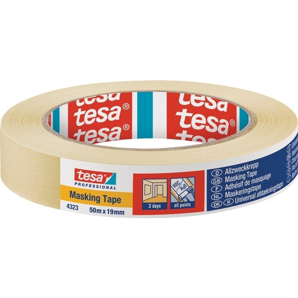 tesa®  Kreppband 4323, hellbeige, leicht gekreppt, Rolle, Länge 50 m Breite 19 mm