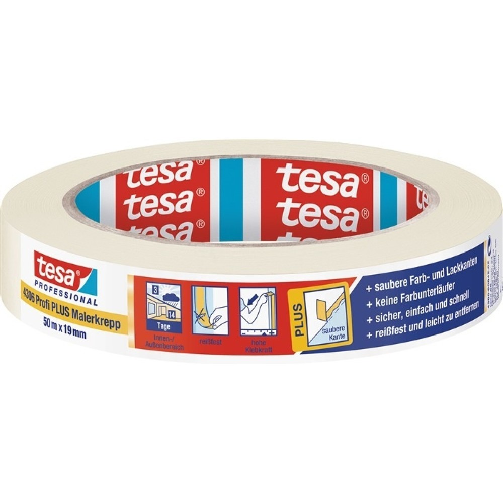 TESA Malerkreppband 4306 Profi PLUS leicht gekreppt hellbeige L.50m B.38mm Rl