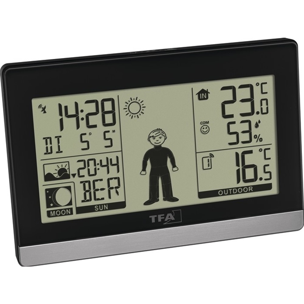 TFA Funkwetterstation Weather Boy, Kunststoff für innen und außen, H97xB145xT39mm schwarz/silber, Wetterfigur gibt Kleiderempfehlung