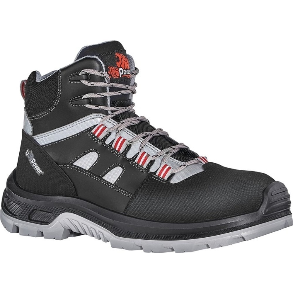 U.POWER Sicherheitsstiefel Cross, S3 SRC EN ISO 20345, Größe 44 schwarz/grau/rot, Veloursleder/Meshmaterial