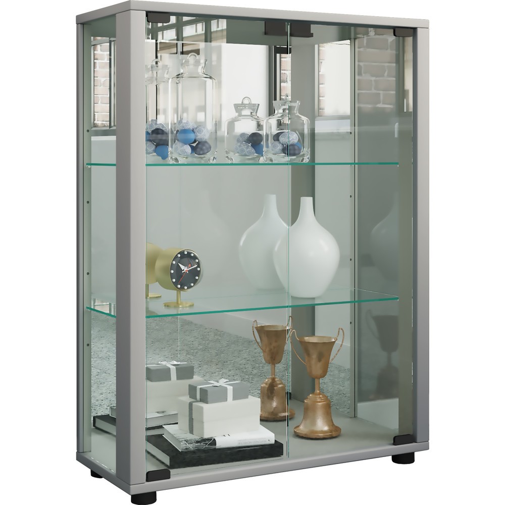 Vitrine Sintalo avec miroir, éclairage à LED inclus, couleur argent