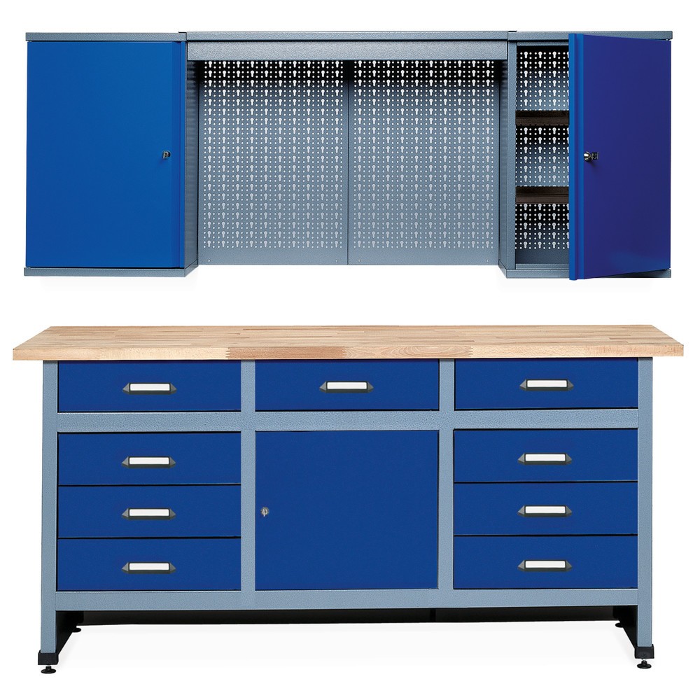 Werkstatt-Set Deister 2-teilig, Hängeschrank + Werkbank, Breite 1.700 mm, blau