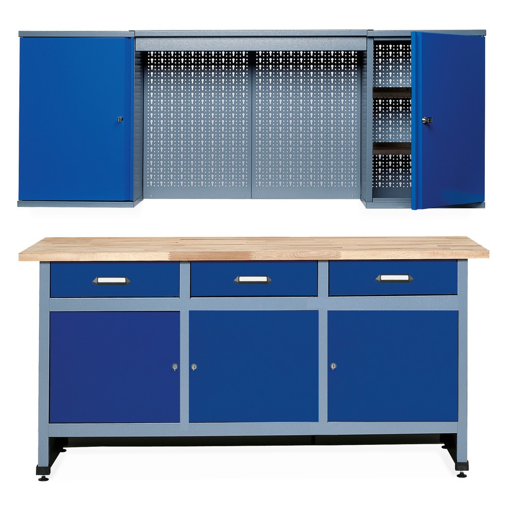 Werkstatt-Set Elm 2-teilig, Hängeschrank + Werkbank, Breite 1.700 mm, blau